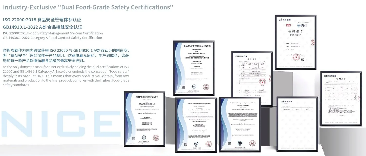 ISO 22000:2018 and GB14930.1-2022 Class A food-grade safety certifications and test reports